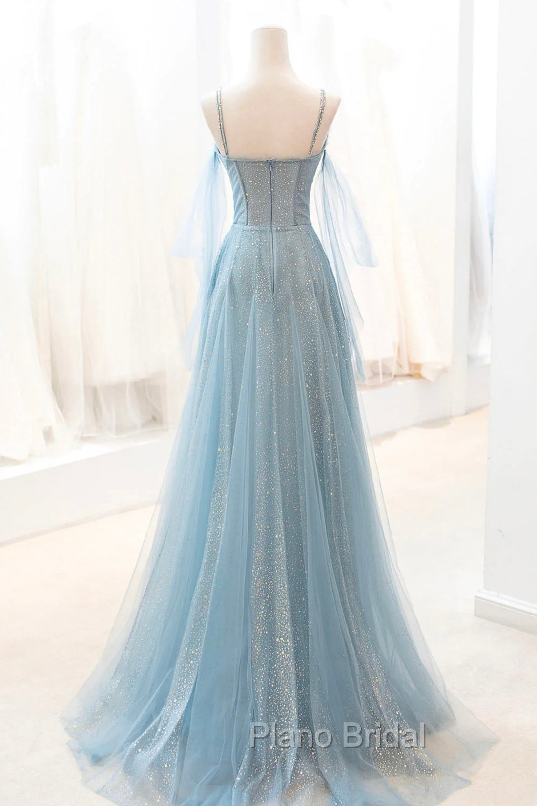 Dusty Blue Sparkly Tulle Long Formal Prom Dresses, A-Line Spaghetti Strap Evening Dresses