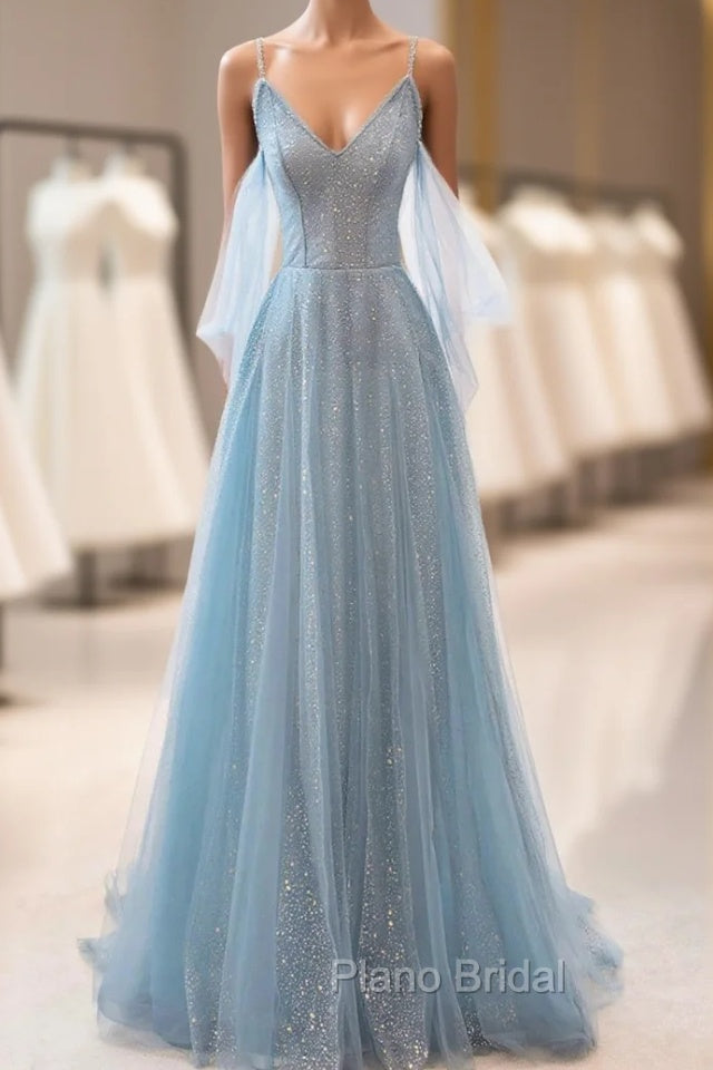 Dusty Blue Sparkly Tulle Long Formal Prom Dresses, A-Line Spaghetti Strap Evening Dresses Main image