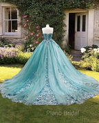 Dusty Blue Sweetheart Ball Gown Quinceanera Dresses Strapless with 3D Flowers