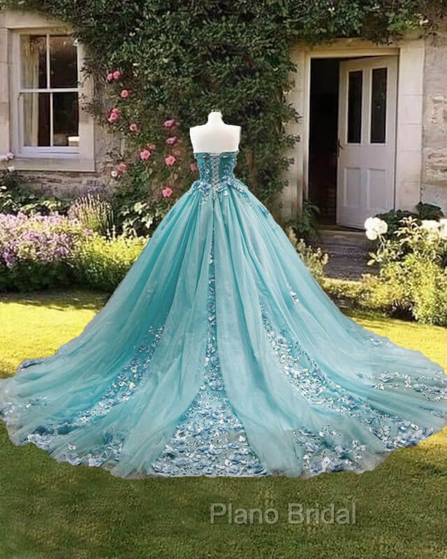 Dusty Blue Sweetheart Ball Gown Quinceanera Dresses Strapless with 3D Flowers