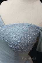 Dusty Blue Tulle Beaded Floor Length Formal Dresses, Off The Shoulder A-Line Formal Party Dresses