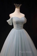 Dusty Blue Tulle Beaded Floor Length Formal Dresses, Off The Shoulder A-Line Formal Party Dresses
