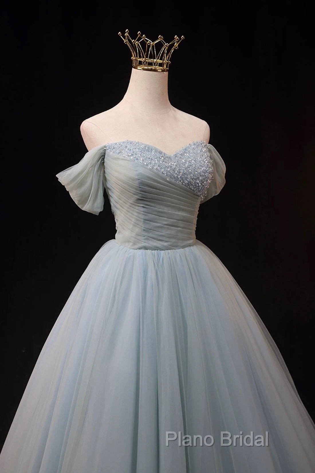 Dusty Blue Tulle Beaded Floor Length Formal Dresses, Off The Shoulder A-Line Formal Party Dresses