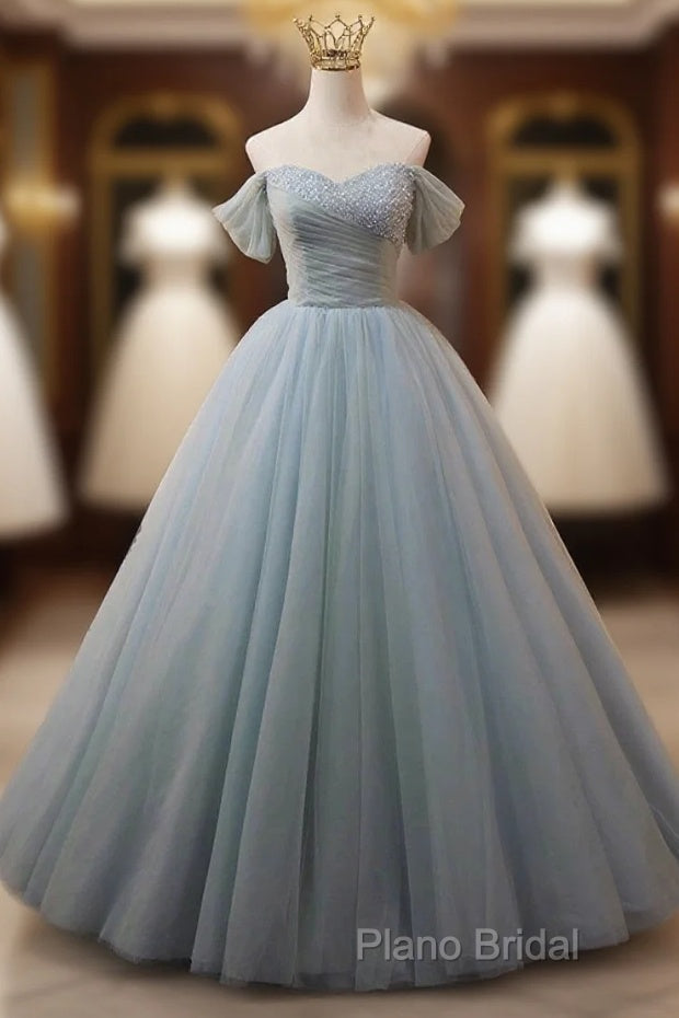 Dusty Blue Tulle Beaded Floor Length Formal Dresses, Off The Shoulder A-Line Formal Party Dresses Main image