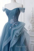 Dusty Blue Tulle Floor Length Formal Prom Dresses, Blue Off the Shoulder Removable Sleeve Evening Dresses
