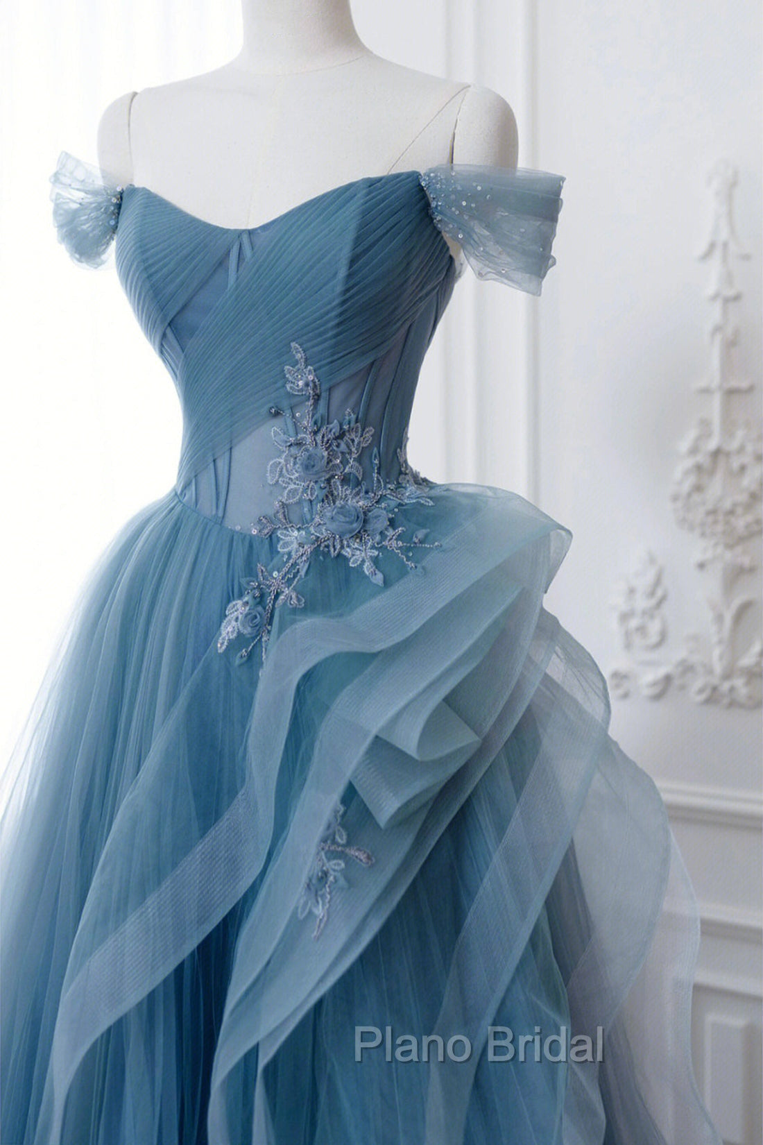 Dusty Blue Tulle Floor Length Formal Prom Dresses, Blue Off the Shoulder Removable Sleeve Evening Dresses Secondary image