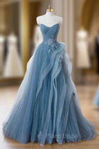 Dusty Blue Tulle Floor Length Formal Prom Dresses, Blue Off the Shoulder Removable Sleeve Evening Dresses