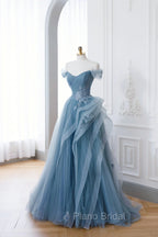 Dusty Blue Tulle Floor Length Formal Prom Dresses, Blue Off the Shoulder Removable Sleeve Evening Dresses
