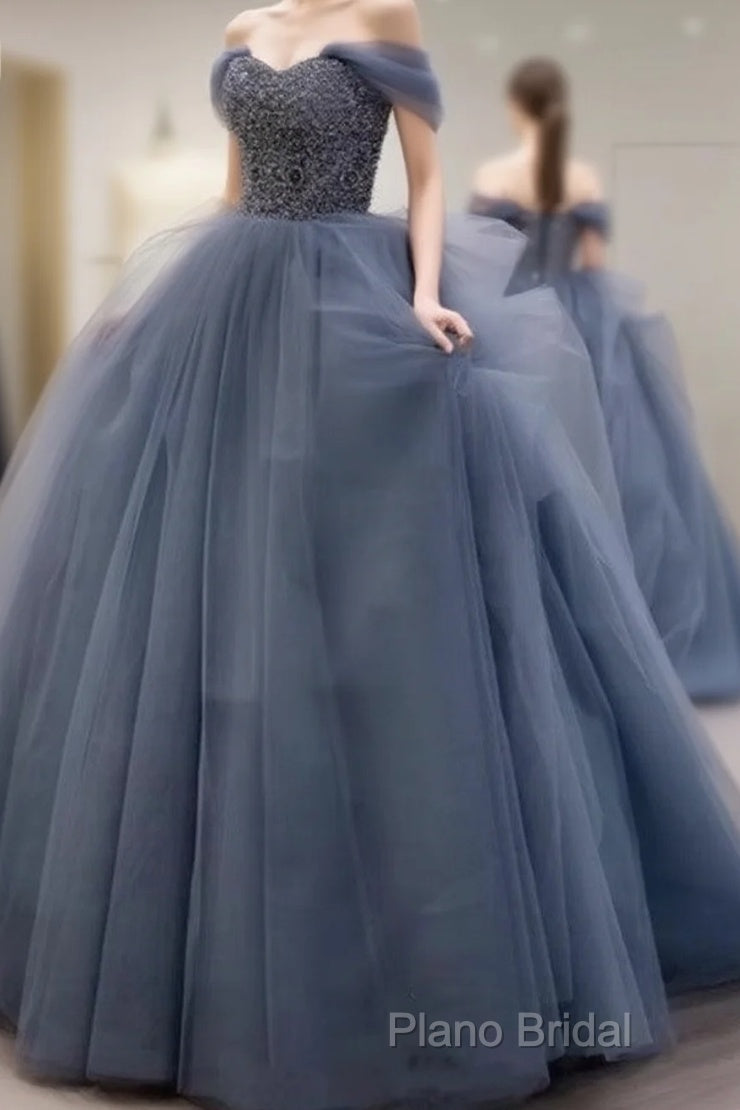 Dusty Blue Tulle Formal Prom Dresses Off Shoulder