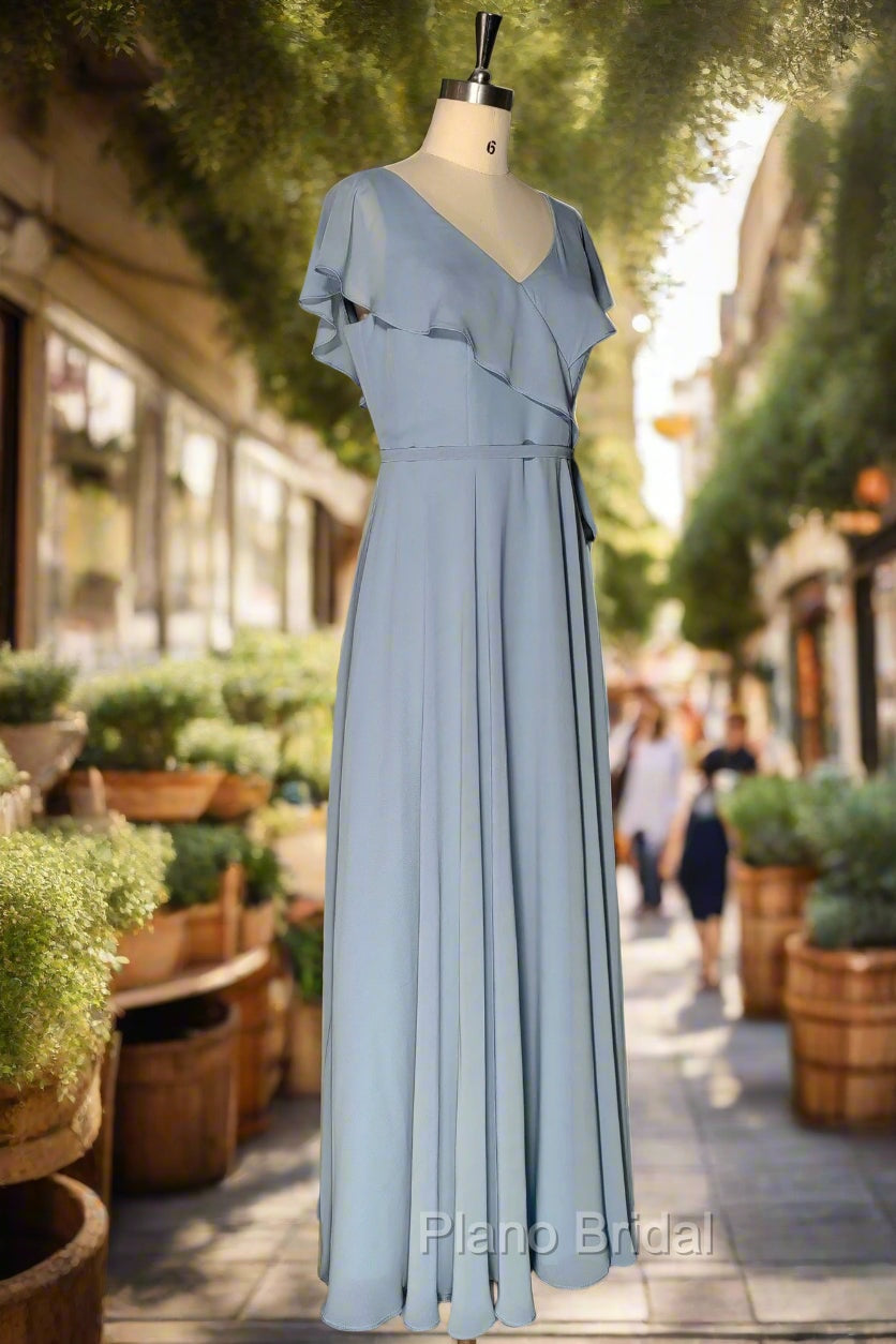 Dusty Blue V-Neck Chiffon Bridesmaid Dresses Backless Ruffled Split for Teens A-Line Long Bridesmaid Dresses Secondary image