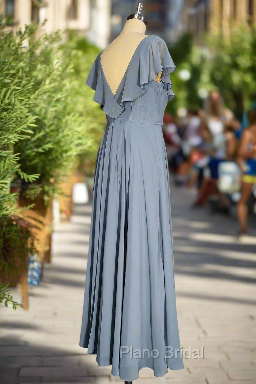 Dusty Blue V-Neck Chiffon Bridesmaid Dresses Backless Ruffled Split for Teens A-Line Long Bridesmaid Dresses
