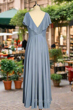 Dusty Blue V-Neck Chiffon Bridesmaid Dresses Backless Ruffled Split for Teens A-Line Long Bridesmaid Dresses
