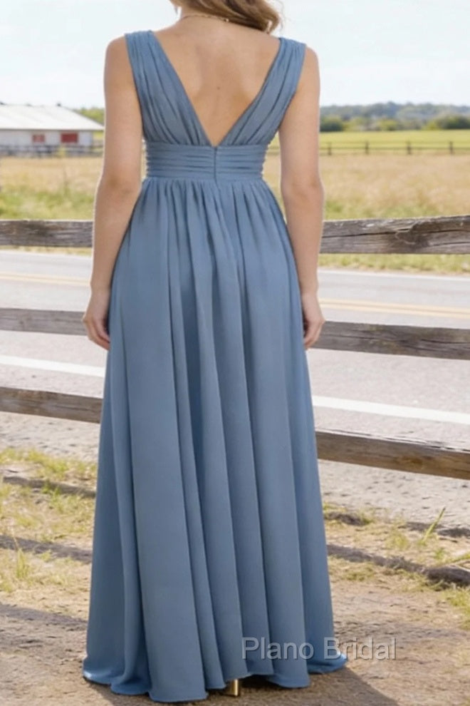 Dusty Blue V Neck Chiffon Floor Length Bridesmaid Dresses Long Bridesmaid Dress With Pleated Split Secondary image