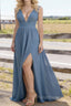 Dusty Blue V Neck Chiffon Floor Length Bridesmaid Dresses Long Bridesmaid Dress With Pleated Split