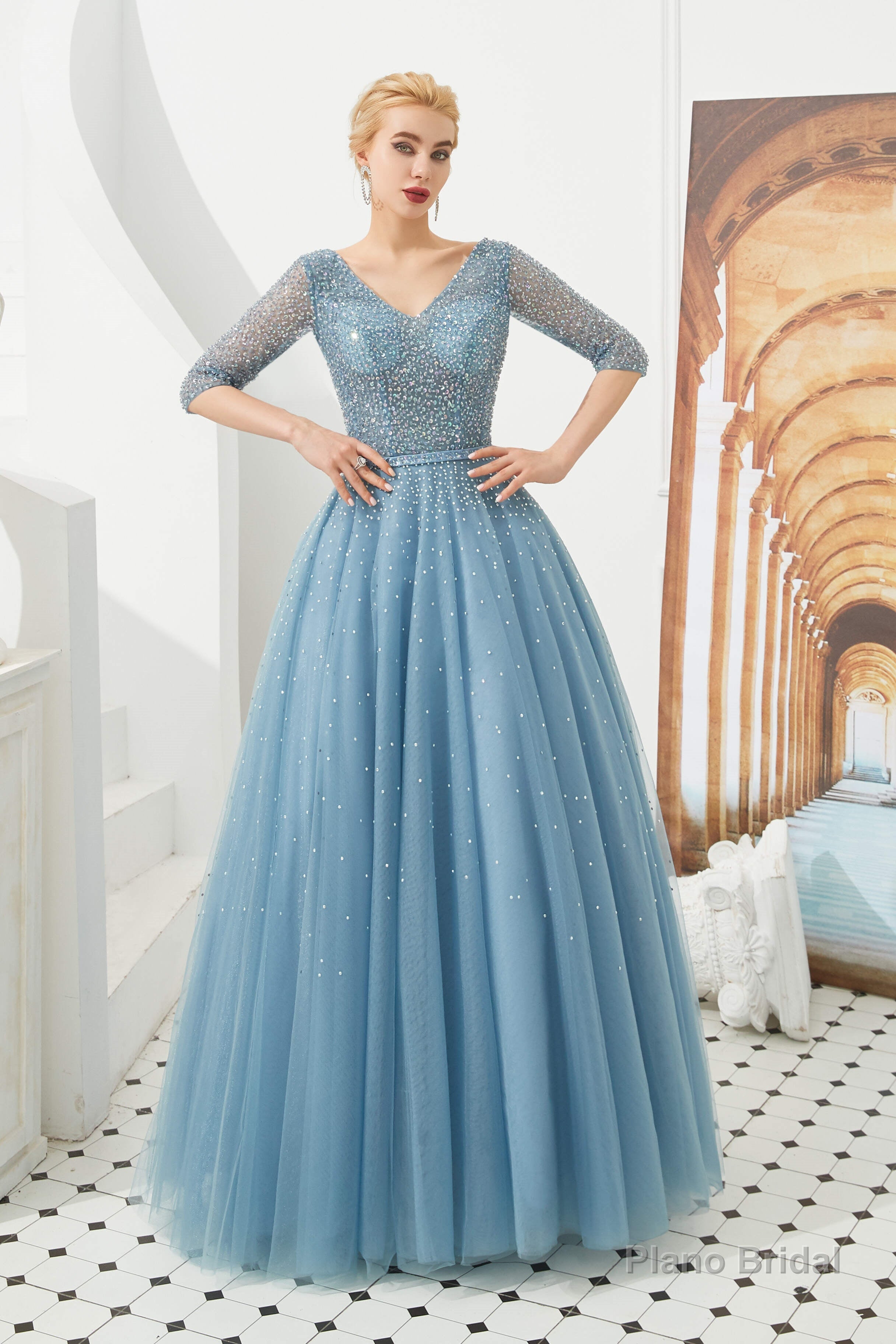 Dusty Blue V-Neck Half-Sleeve Prom Dresses Long With Beadings Lace-up Main image