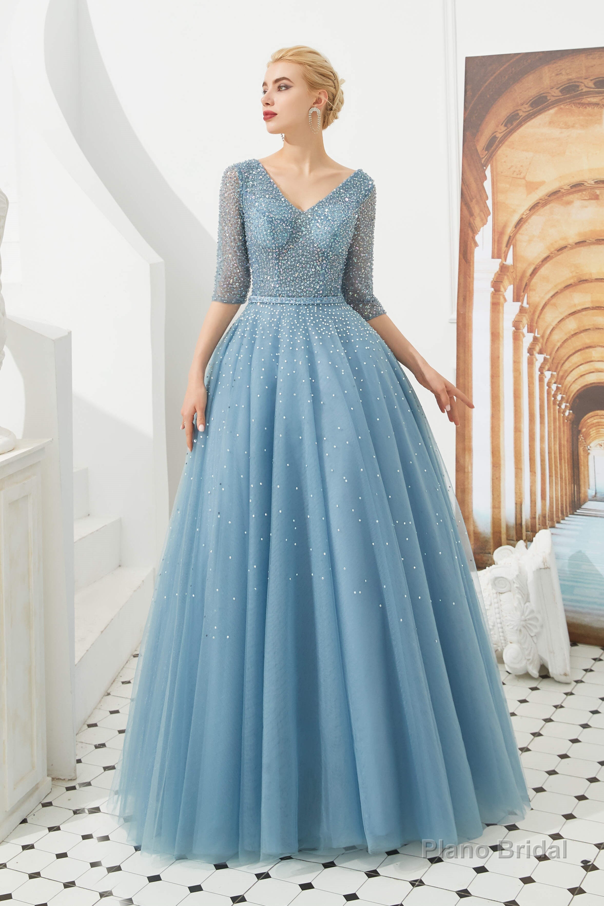 Dusty Blue V-Neck Half-Sleeve Prom Dresses Long With Beadings Lace-up Secondary image