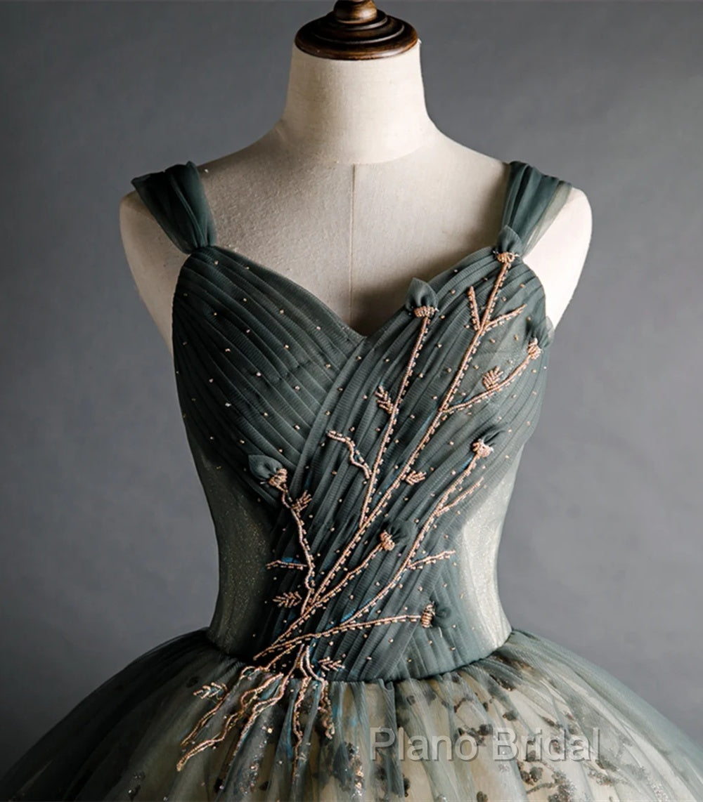 Dusty Green Ball Gown Beaded Tulle Formal Dresses, Ball Gown Sweet 16 Dresses