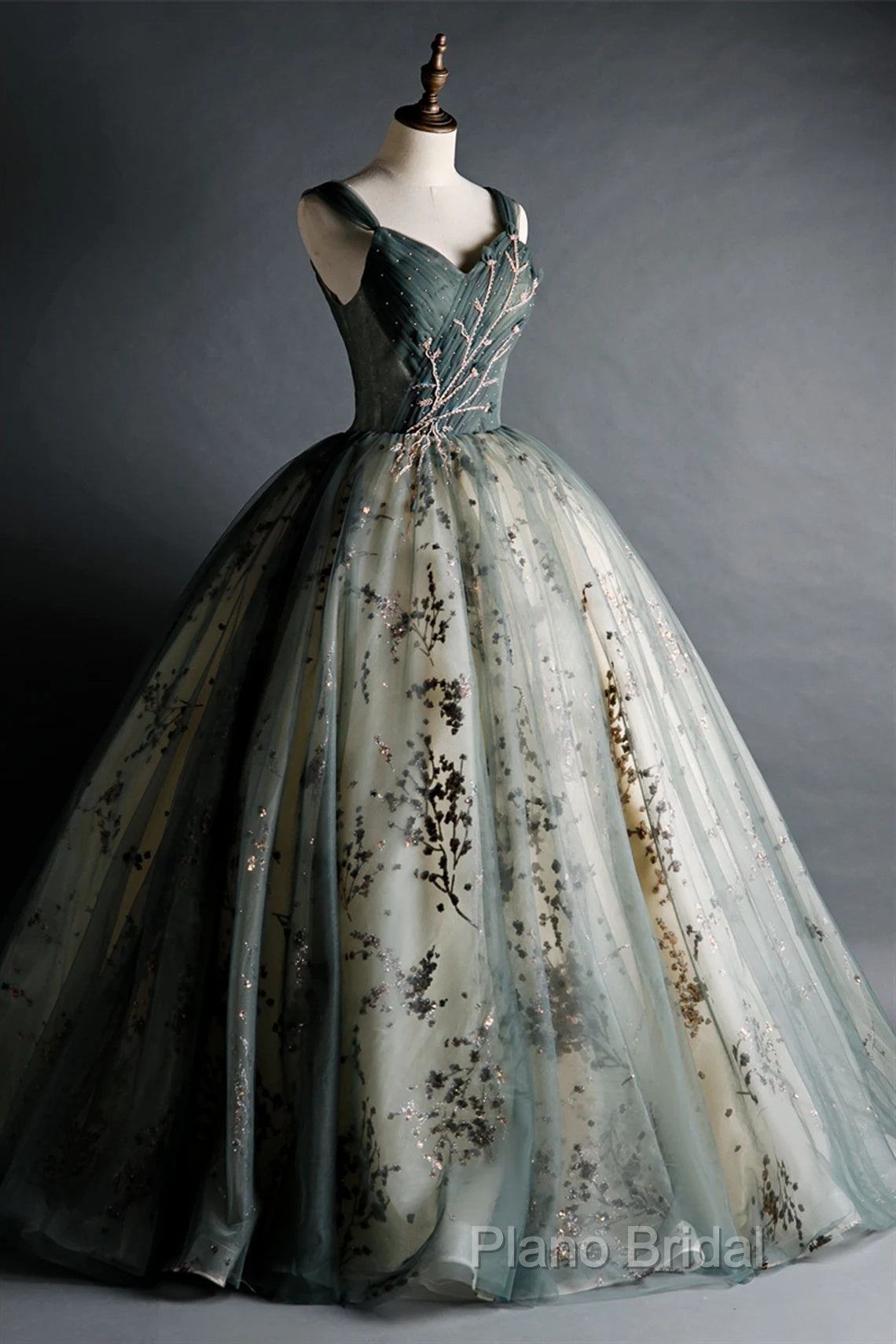 Dusty Green Ball Gown Beaded Tulle Formal Dresses, Ball Gown Sweet 16 Dresses