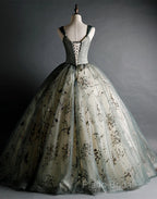 Dusty Green Ball Gown Beaded Tulle Formal Dresses, Ball Gown Sweet 16 Dresses