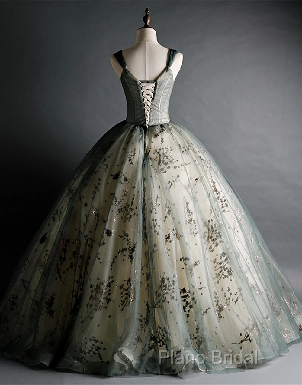 Dusty Green Ball Gown Beaded Tulle Formal Dresses, Ball Gown Sweet 16 Dresses