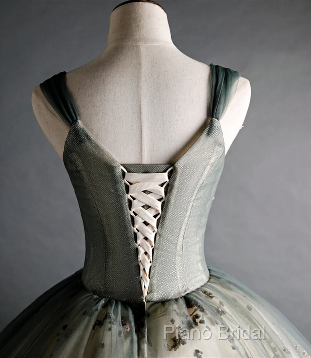 Dusty Green Ball Gown Beaded Tulle Formal Dresses, Ball Gown Sweet 16 Dresses