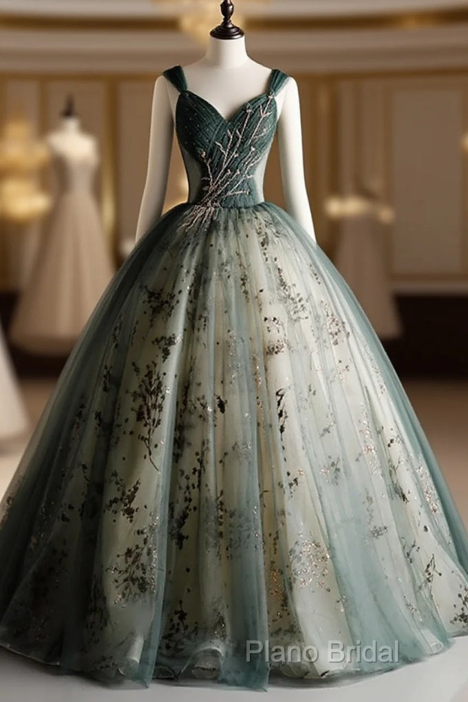 Dusty Green Ball Gown Beaded Tulle Formal Dresses, Ball Gown Sweet 16 Dresses Main image