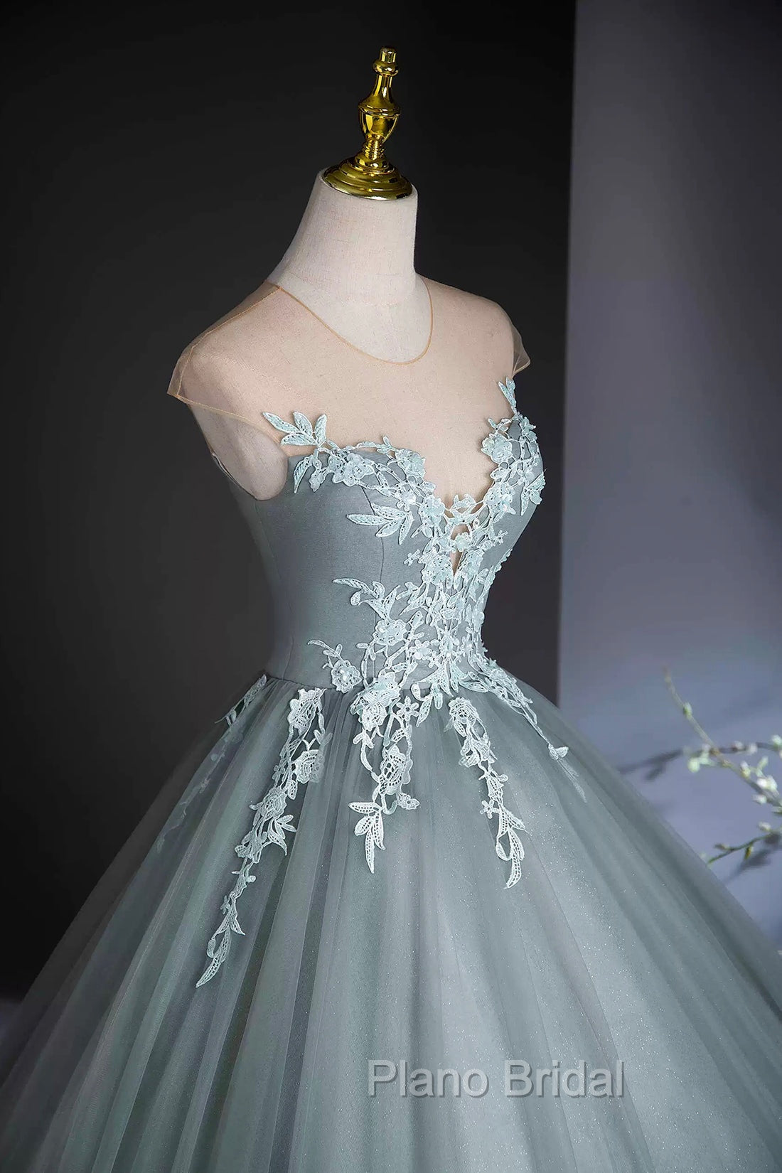 Dusty Green Tulle Floor Length Formal Prom Dresses with Lace, Elegant A-Line Formal Evening Dresses Secondary image