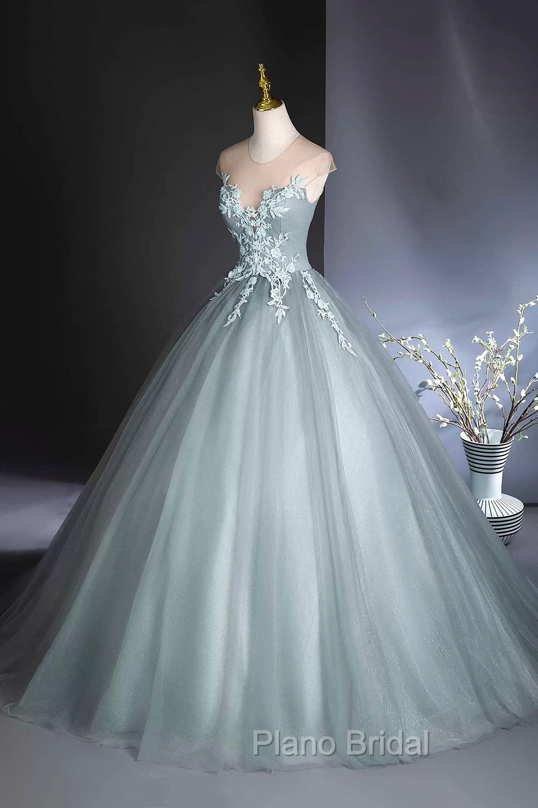 Dusty Green Tulle Floor Length Formal Prom Dresses with Lace, Elegant A-Line Formal Evening Dresses