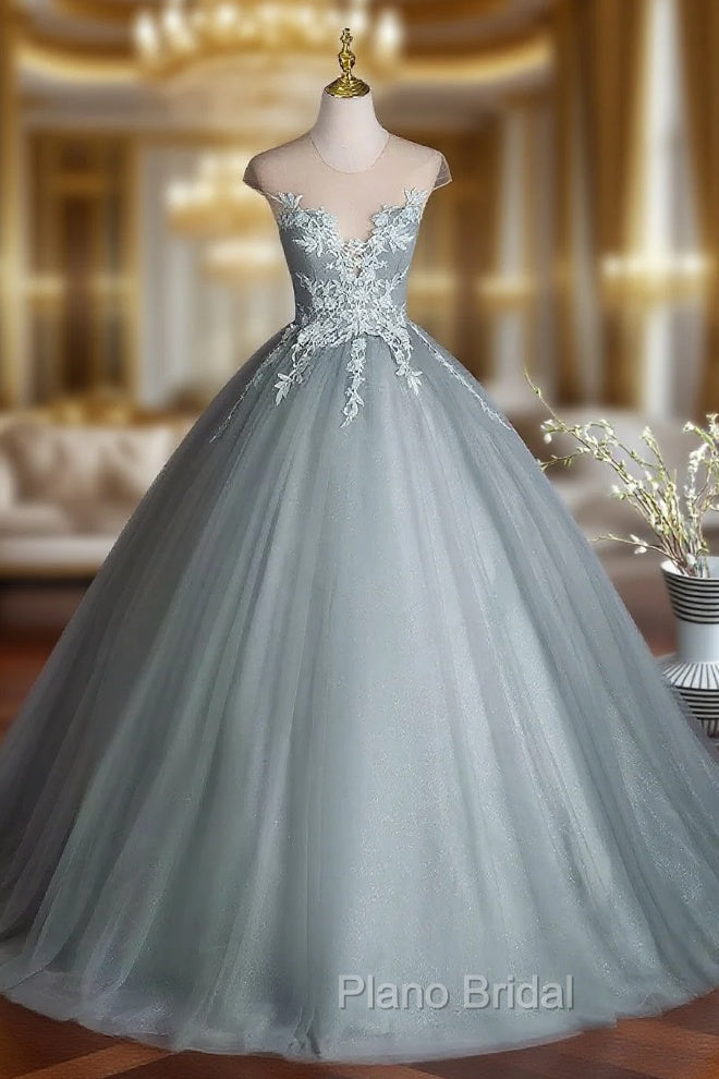 Dusty Green Tulle Floor Length Formal Prom Dresses with Lace, Elegant A-Line Formal Evening Dresses Main image