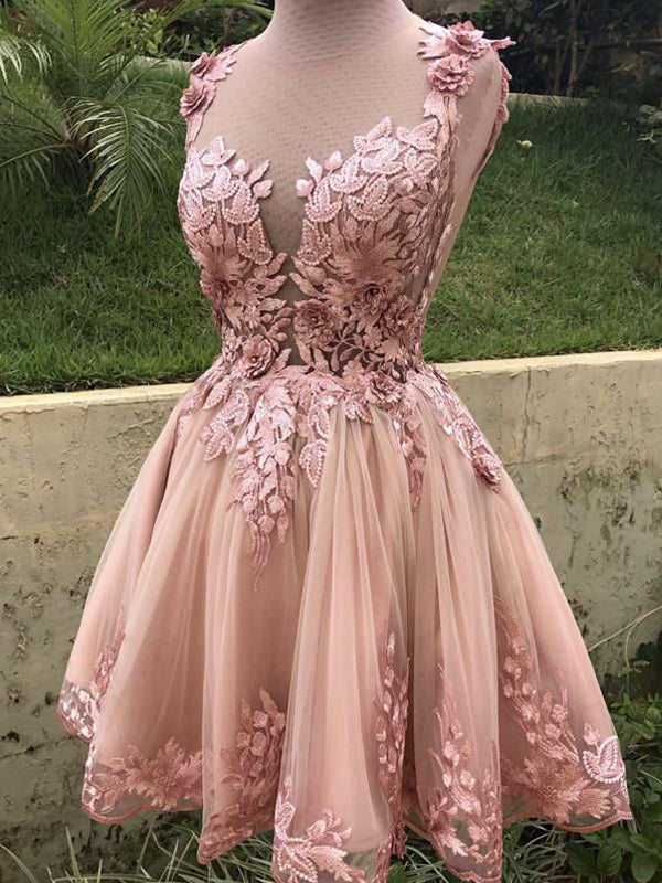 Dusty Pink Illusion Lace Organza A-line Short Homecoming Dresses Main image