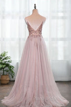 Dusty Pink Spaghetti Straps Gorgeous Beading Formal Prom Dresses A Line Split Tulle Evening Dresses