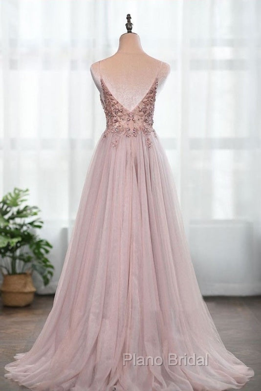 Dusty Pink Spaghetti Straps Gorgeous Beading Formal Prom Dresses A Line Split Tulle Evening Dresses