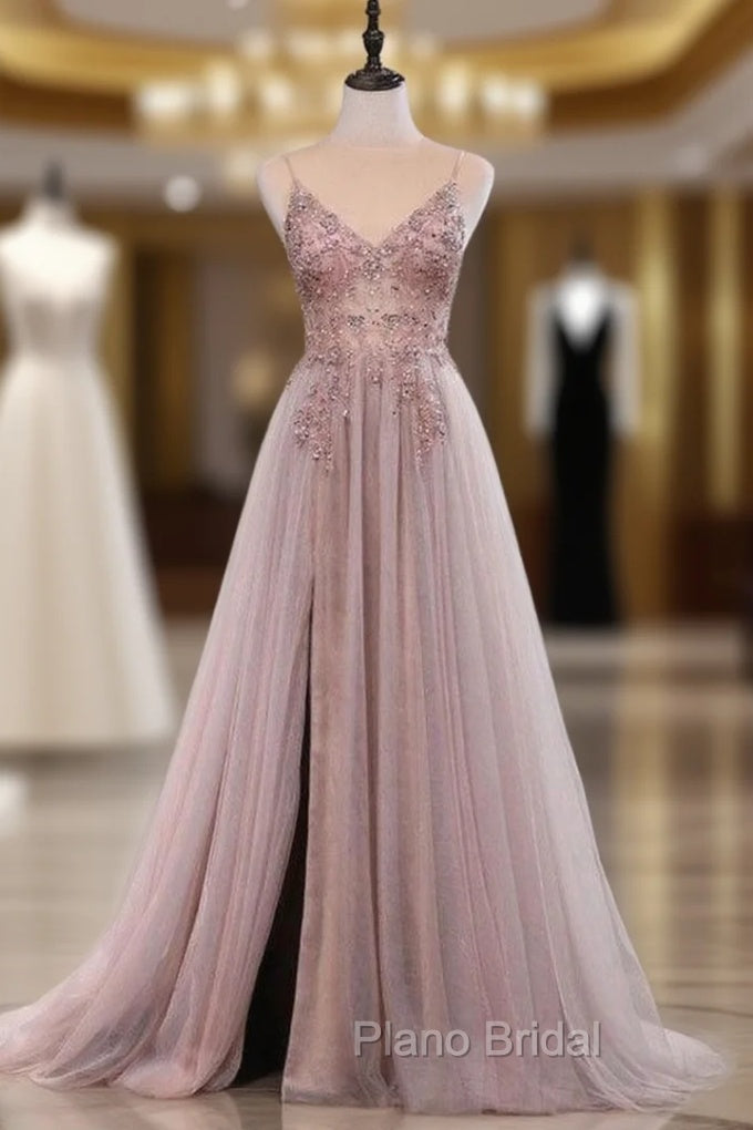 Dusty Pink Spaghetti Straps Gorgeous Beading Formal Prom Dresses A Line Split Tulle Evening Dresses Main image