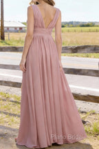 Dusty Pink V Neck Chiffon Floor Length Bridesmaid Dresses Long Bridesmaid Dress With Pleated Split