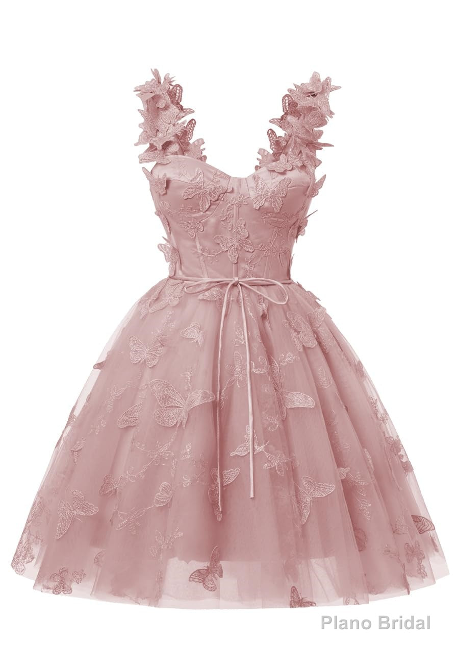 Dusty Rose 3D Butterfly Lace Applique Tulle Homecoming Dress for Teens Sweetheart Mini Short Prom Dresses Secondary image