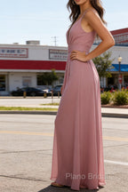 Dusty Rose A Line Chiffon Prom Dresses Deep V Neck Bridesmaid Dress Long