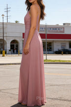 Dusty Rose A Line Chiffon Prom Dresses Deep V Neck Bridesmaid Dress Long