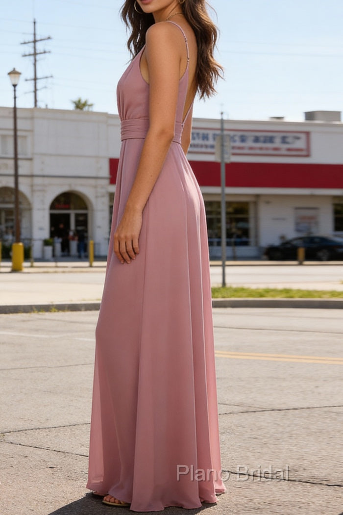Dusty Rose A Line Chiffon Prom Dresses Deep V Neck Bridesmaid Dress Long