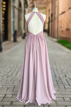 Dusty Rose Halter Keyhole Lace Long Bridesmaid Dresses
