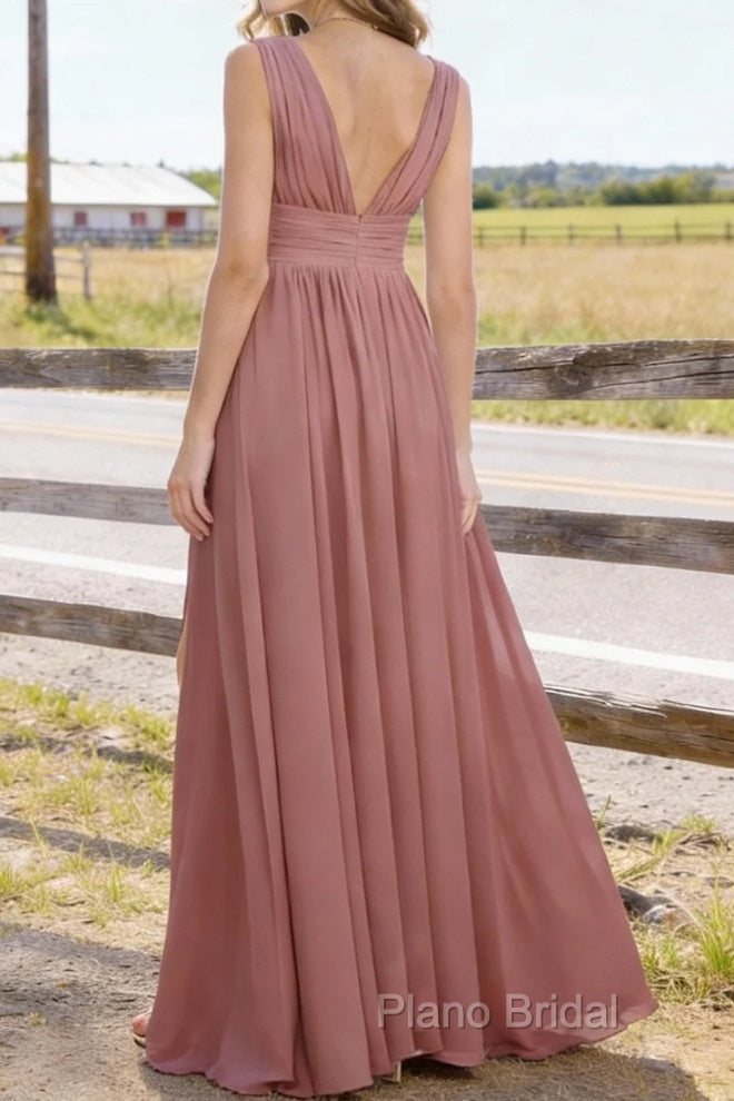 Dusty Rose V Neck Chiffon Floor Length Bridesmaid Dresses Long Bridesmaid Dress With Pleated Split