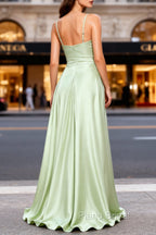 Dusty Sage A Line Cowl Neck Satin Long Formal Prom Dresses with Pleated