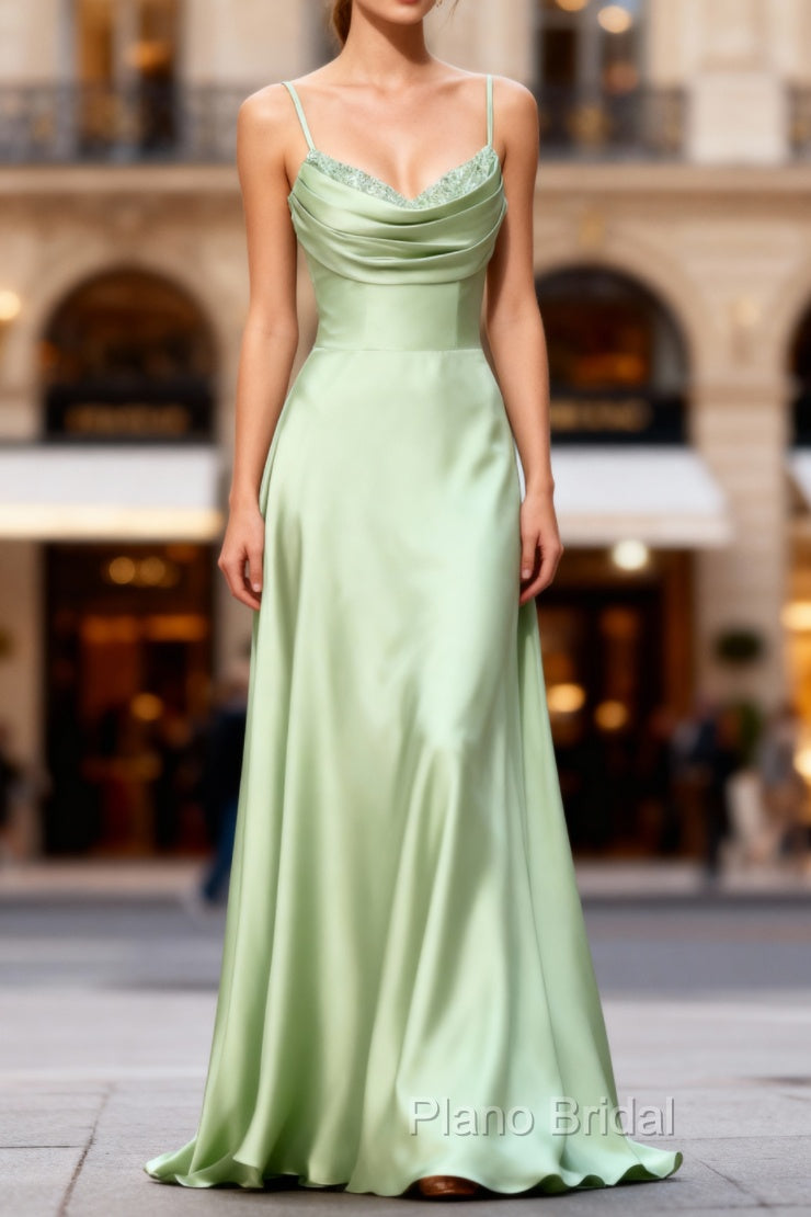 Dusty Sage A Line Cowl Neck Satin Long Formal Prom Dresses with Pleated Main image