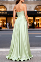 Dusty Sage A Line Cowl Neck Satin Long Formal Prom Dresses with Pleated
