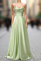 Dusty Sage A Line Cowl Neck Satin Long Formal Prom Dresses with Pleated