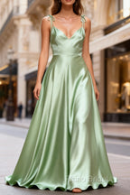 Dusty Sage Classy Satin Long Formal Prom Dresses with Pleated