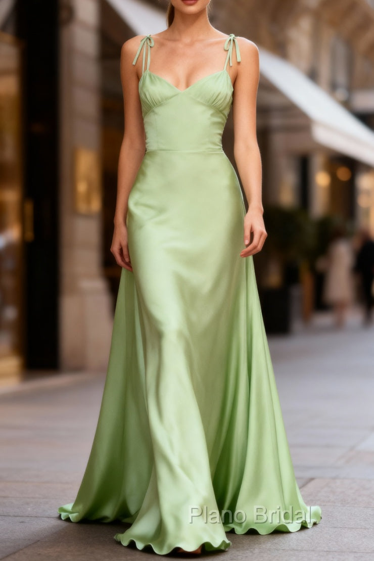 Dusty Sage Cute Satin Long Formal Prom Dresses with Pleated Main image