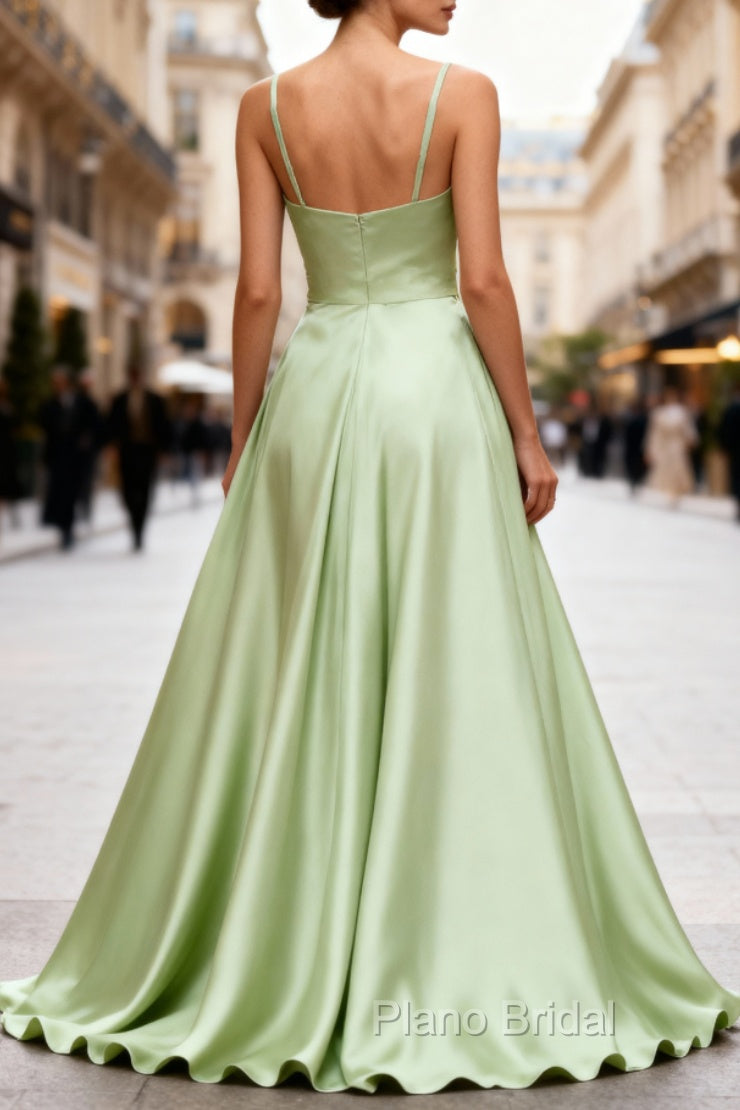 Dusty Sage Elegant Satin Long Formal Prom Dresses with Pleated Secondary image