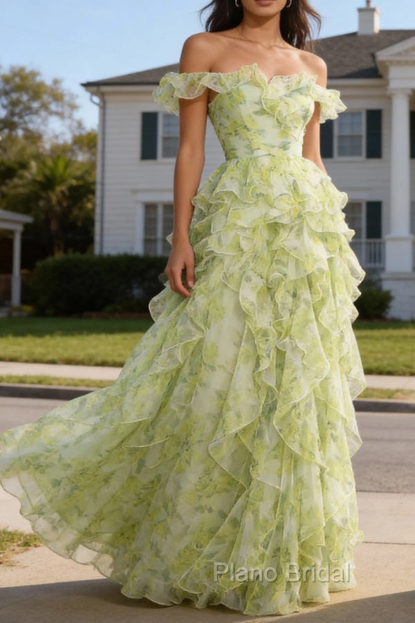 Dusty Sage Floral Ruffled A-Line Square Neck Long Prom Dress Secondary image