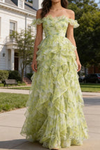 Dusty Sage Floral Ruffled A-Line Square Neck Long Prom Dress