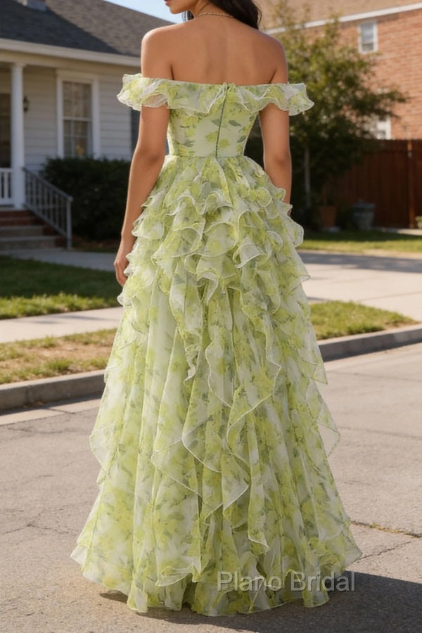 Dusty Sage Floral Ruffled A-Line Square Neck Long Prom Dress